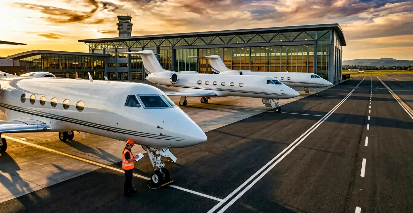 Vue aérienne d'une flotte de jets privés certifiés alignés sur un tarmac prestigieux avec inspection de sécurité en cours