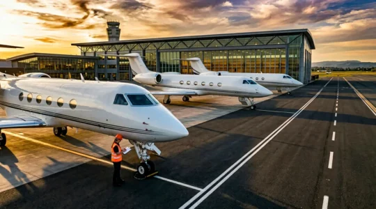 Vue aérienne d'une flotte de jets privés certifiés alignés sur un tarmac prestigieux avec inspection de sécurité en cours
