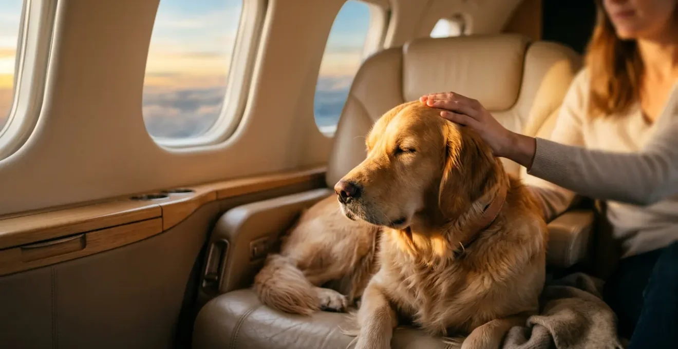 Un grand chien paisiblement allongé sur un siège en cuir dans la cabine luxueuse d'un jet privé