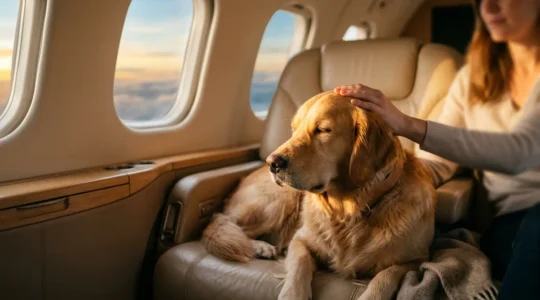 Un grand chien paisiblement allongé sur un siège en cuir dans la cabine luxueuse d'un jet privé