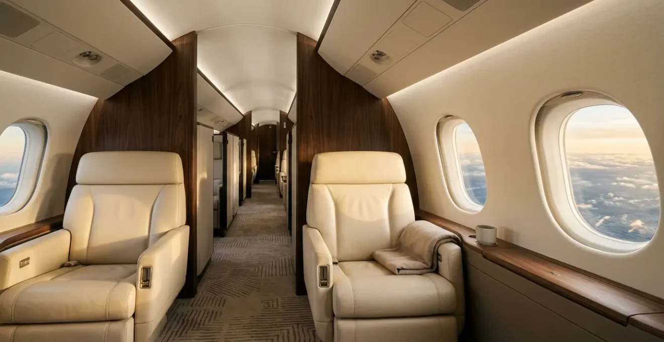 Intérieur luxueux d'un Heavy Jet avec sièges en cuir et vue sur l'océan