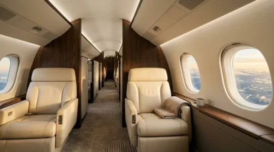 Intérieur luxueux d'un Heavy Jet avec sièges en cuir et vue sur l'océan