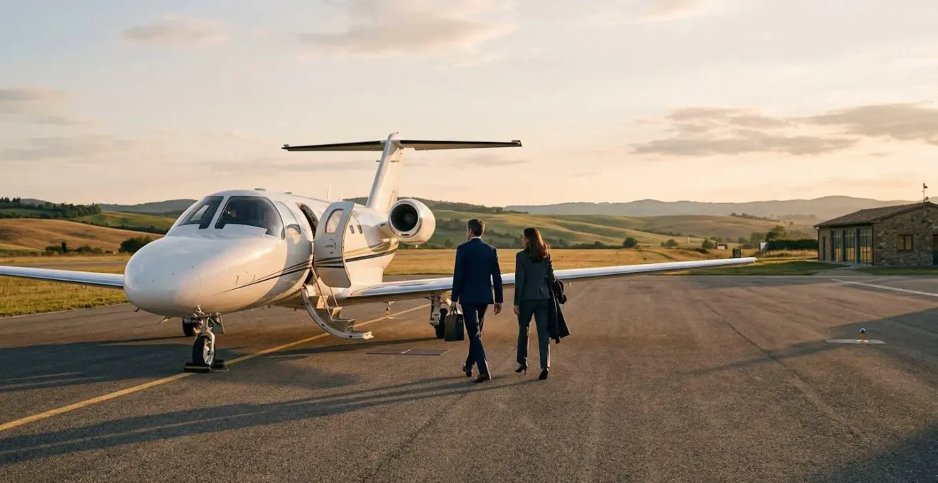 Jet d'affaires léger sur piste d'aérodrome privé européen, environnement professionnel