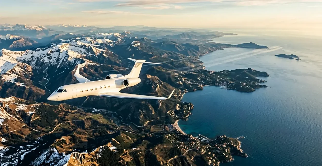 Vue aérienne d'un jet privé survolant un paysage européen avec des montagnes et un littoral méditerranéen