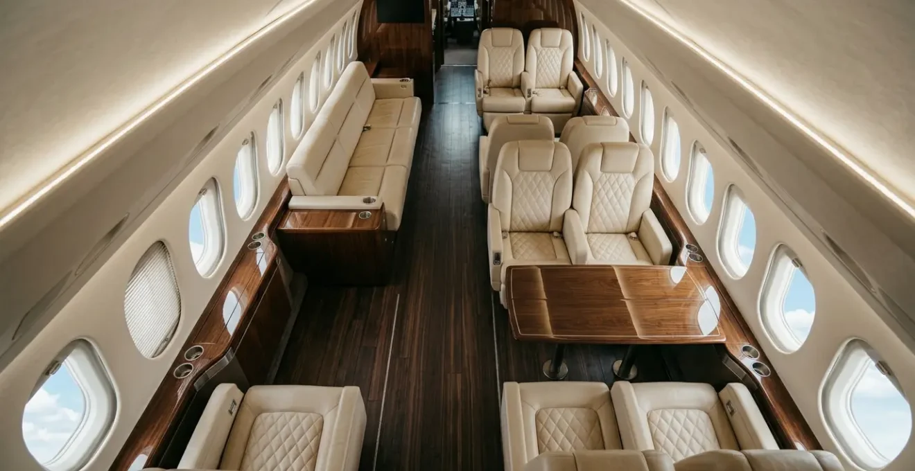 Intérieur luxueux d'un jet privé avec sièges en cuir et vue aérienne