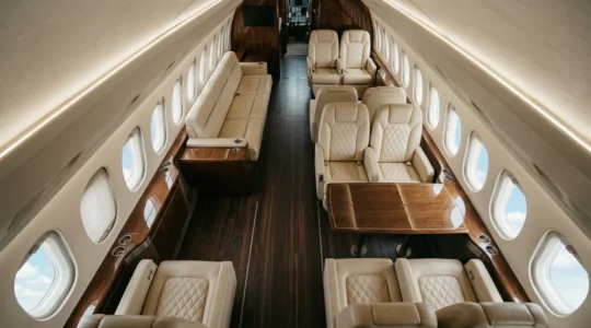 Intérieur luxueux d'un jet privé avec sièges en cuir et vue aérienne