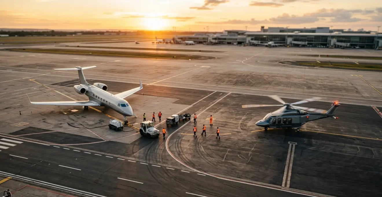Transfert entre un jet privé et un hélicoptère sur le tarmac d'un aéroport
