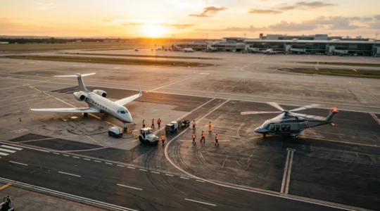 Transfert entre un jet privé et un hélicoptère sur le tarmac d'un aéroport