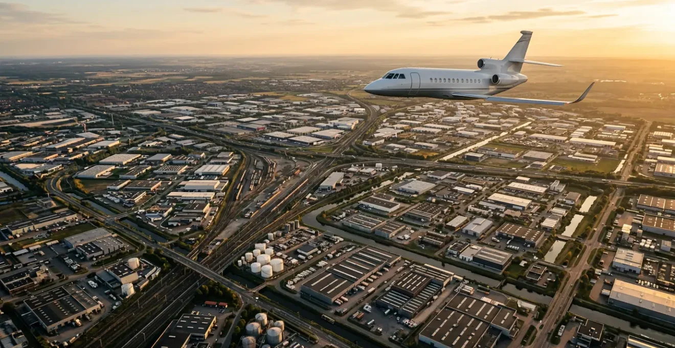 Vue aérienne d'un jet privé survolant un pôle industriel européen avec des zones d'activités et des connexions routières