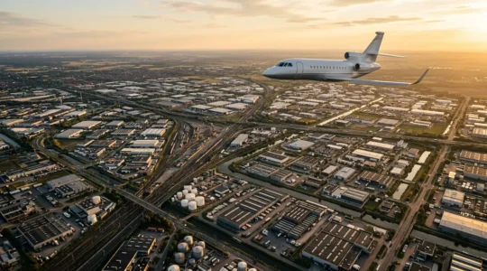 Vue aérienne d'un jet privé survolant un pôle industriel européen avec des zones d'activités et des connexions routières