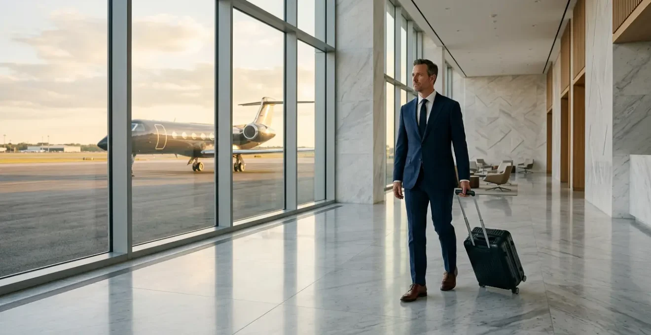 Passager d'affaires traversant un terminal FBO moderne et épuré avec vue sur un jet privé à l'arrière-plan