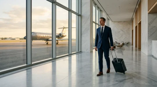 Passager d'affaires traversant un terminal FBO moderne et épuré avec vue sur un jet privé à l'arrière-plan