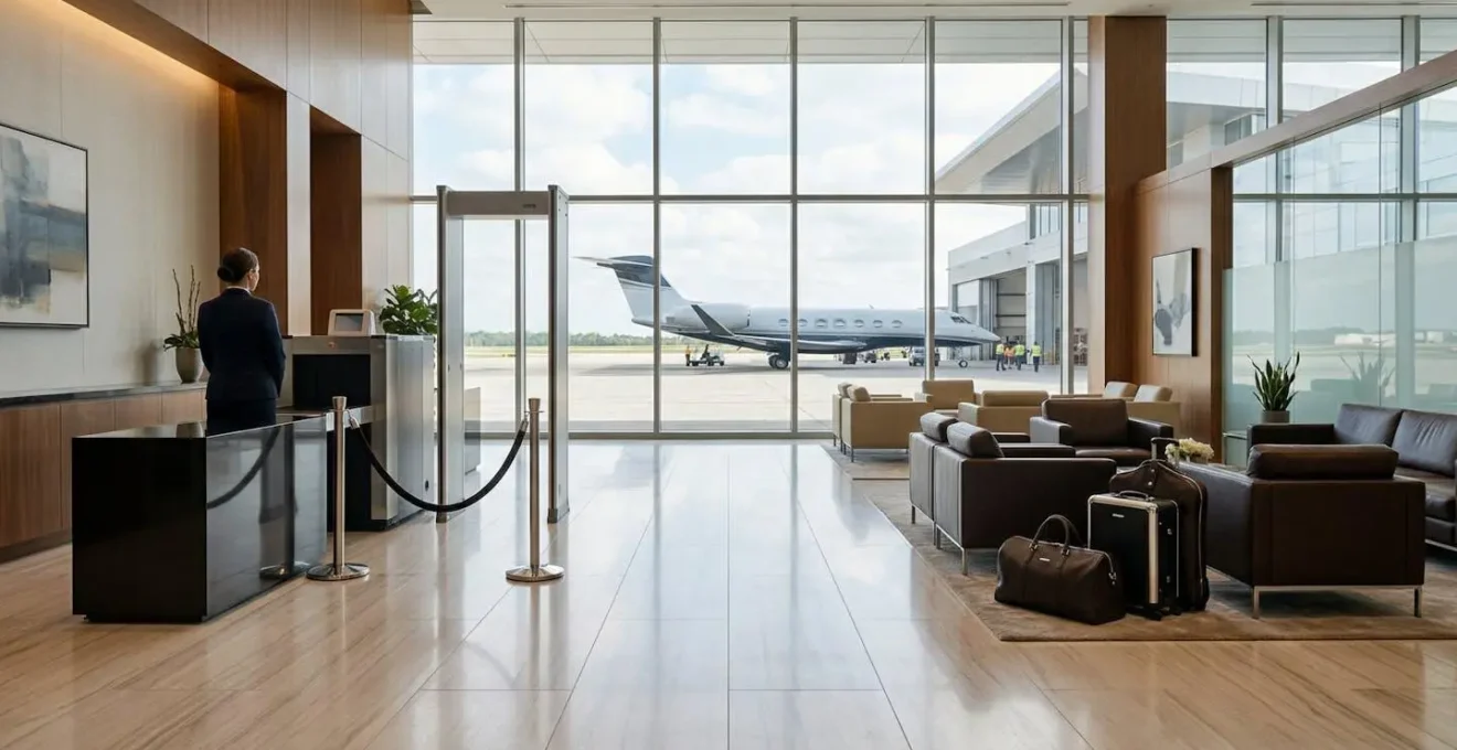 Zone sécurisée d'embarquement privé avec supervision des effets personnels de luxe