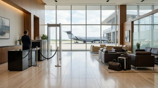 Zone sécurisée d'embarquement privé avec supervision des effets personnels de luxe