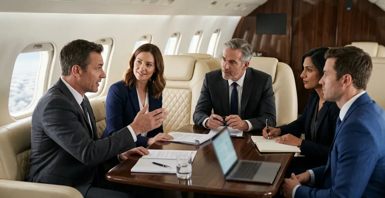 Réunion de cadres dirigeants dans une cabine luxueuse de jet privé avec vue sur les nuages