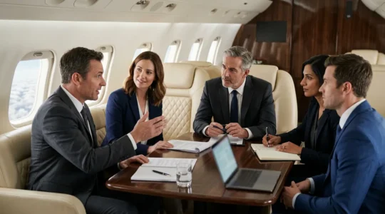 Réunion de cadres dirigeants dans une cabine luxueuse de jet privé avec vue sur les nuages