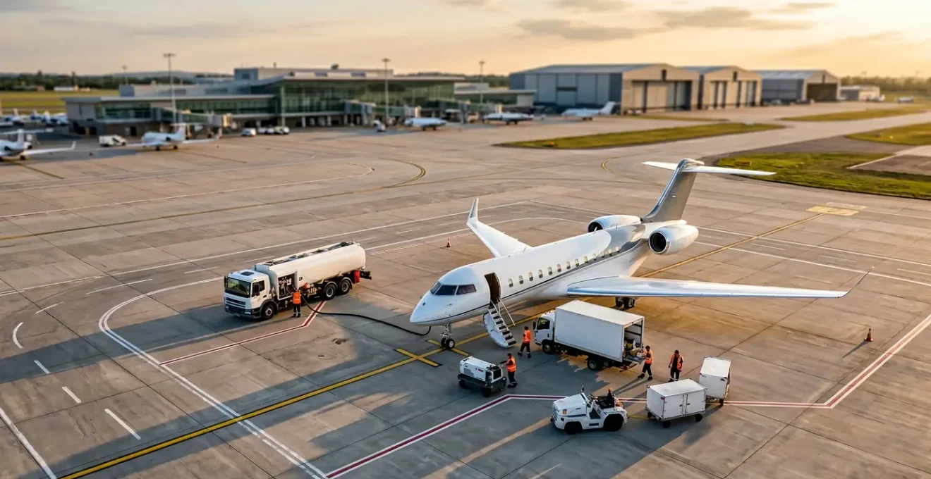 Vue aérienne d'un jet privé sur le tarmac avec équipes au sol coordonnant les opérations logistiques