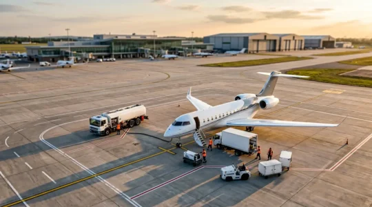 Vue aérienne d'un jet privé sur le tarmac avec équipes au sol coordonnant les opérations logistiques