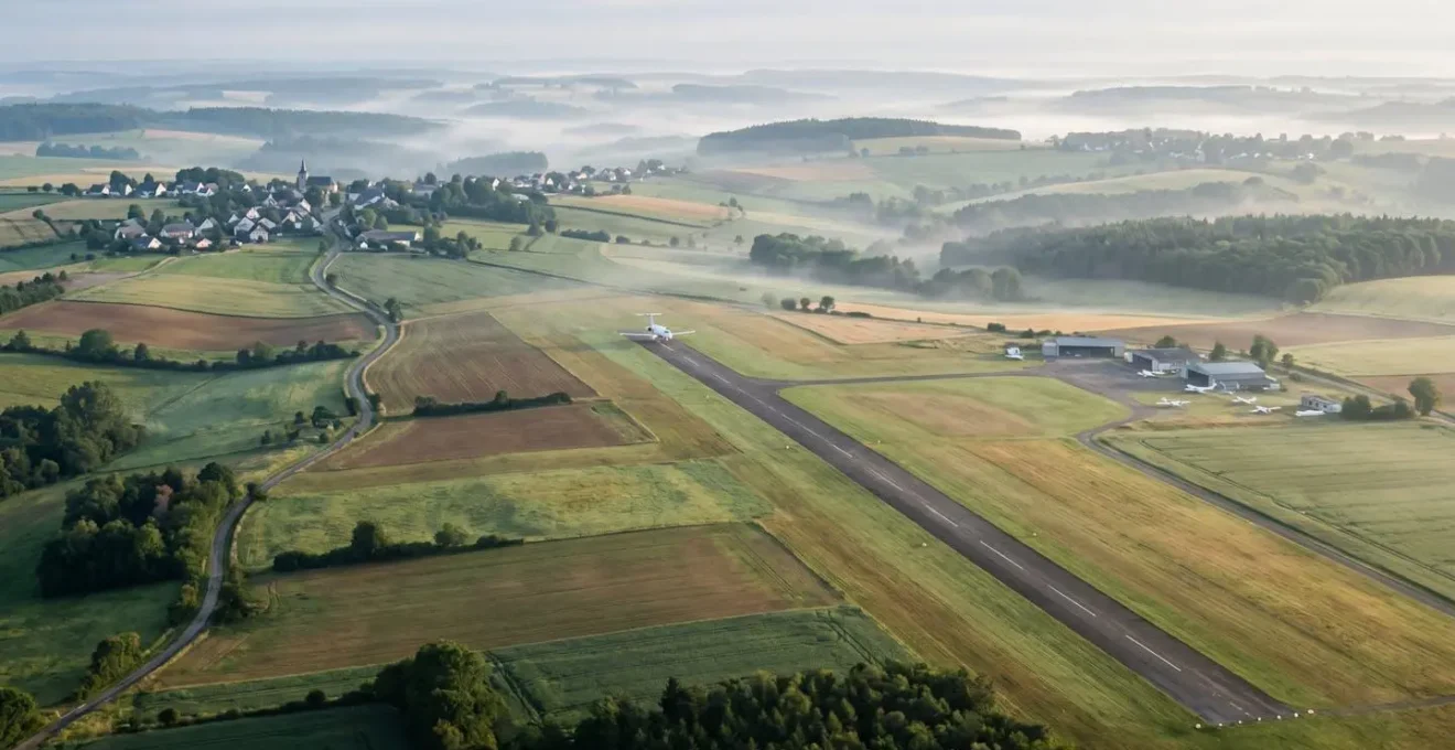 Vue aérienne d'un petit aérodrome européen avec piste courte entouré de paysages
