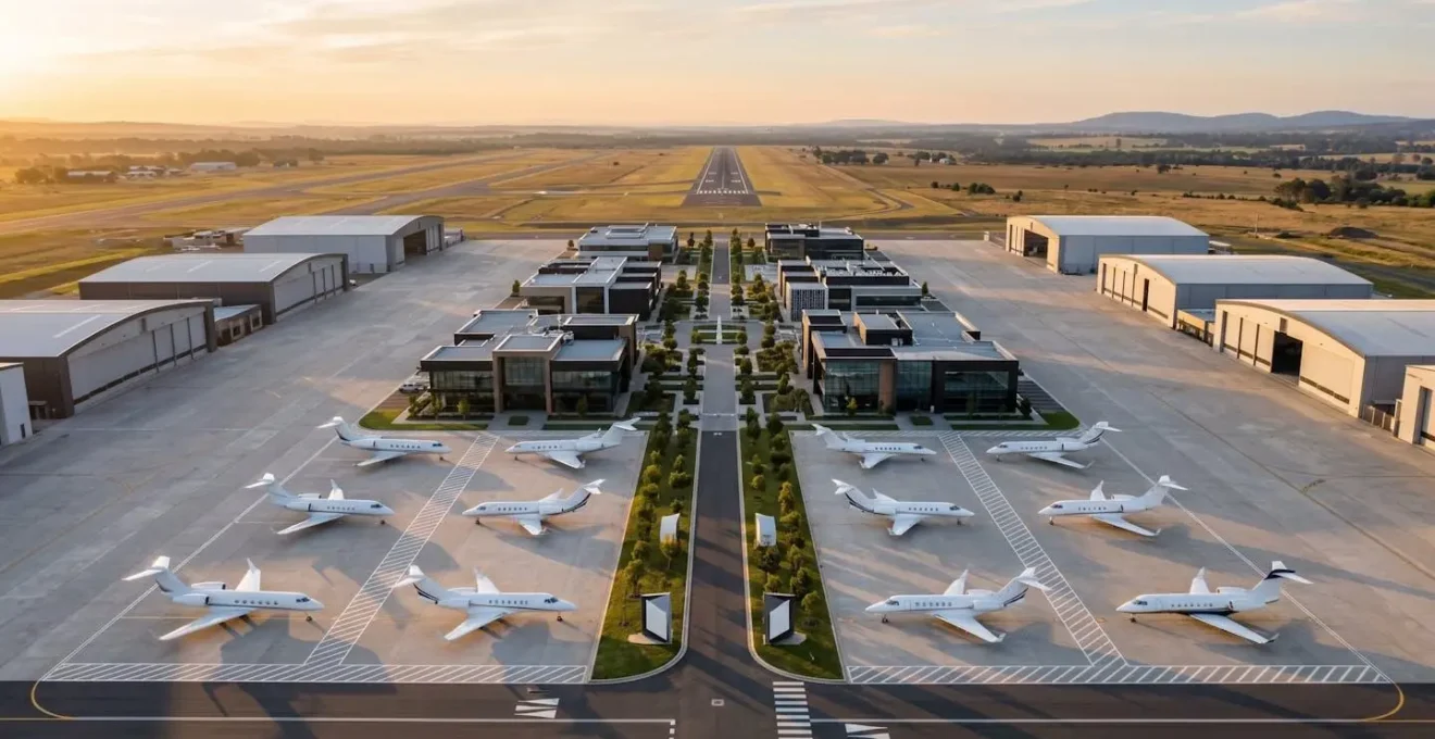 Vue aérienne élégante d'installations d'aviation d'affaires avec jets privés et hangars modernes