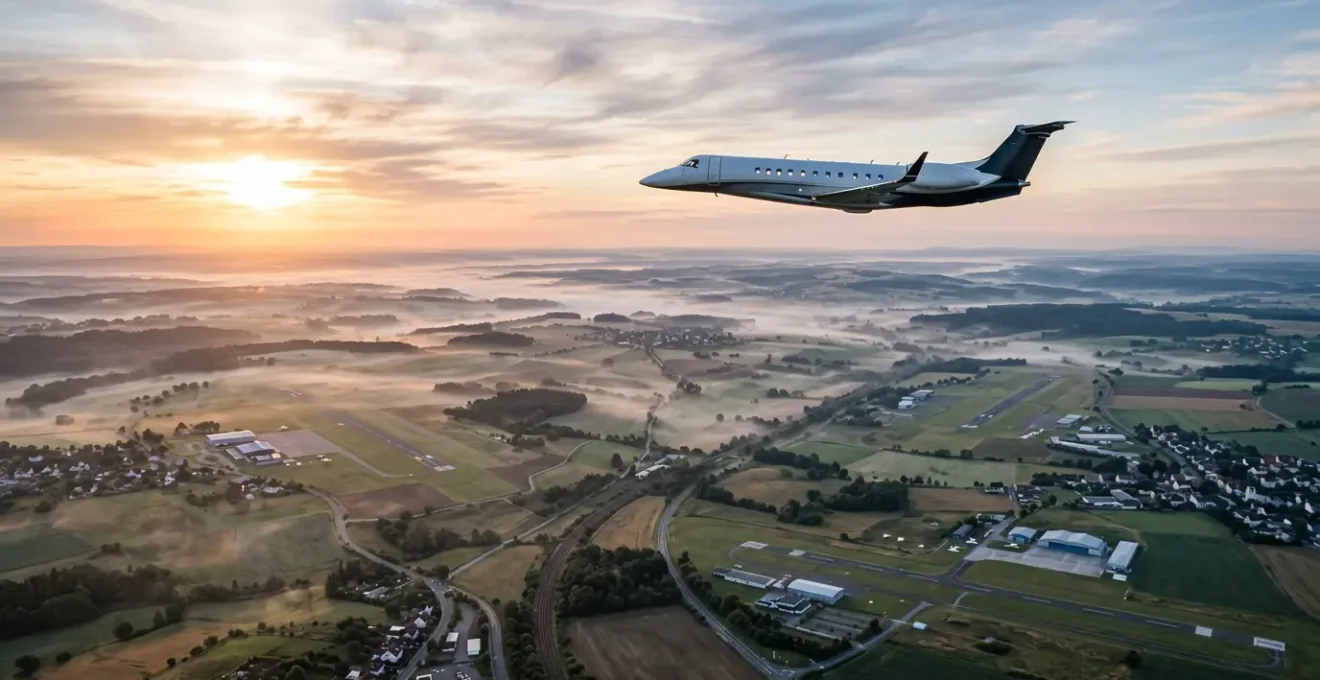 Vue aérienne d'un jet privé survolant un paysage européen avec des aérodromes d'affaires en contrebas