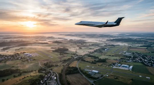 Vue aérienne d'un jet privé survolant un paysage européen avec des aérodromes d'affaires en contrebas