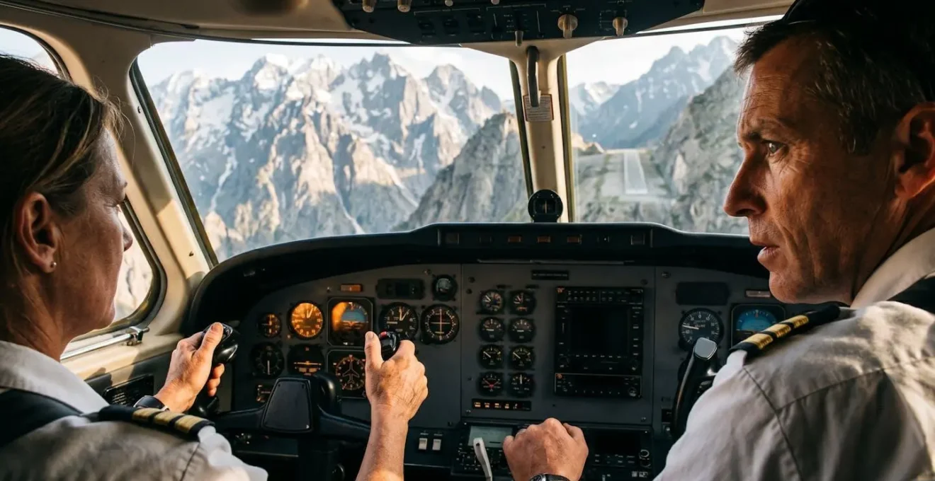 Vue d'un jet privé en approche finale sur une piste courte en montagne, mettant en évidence la complexité de la manœuvre.