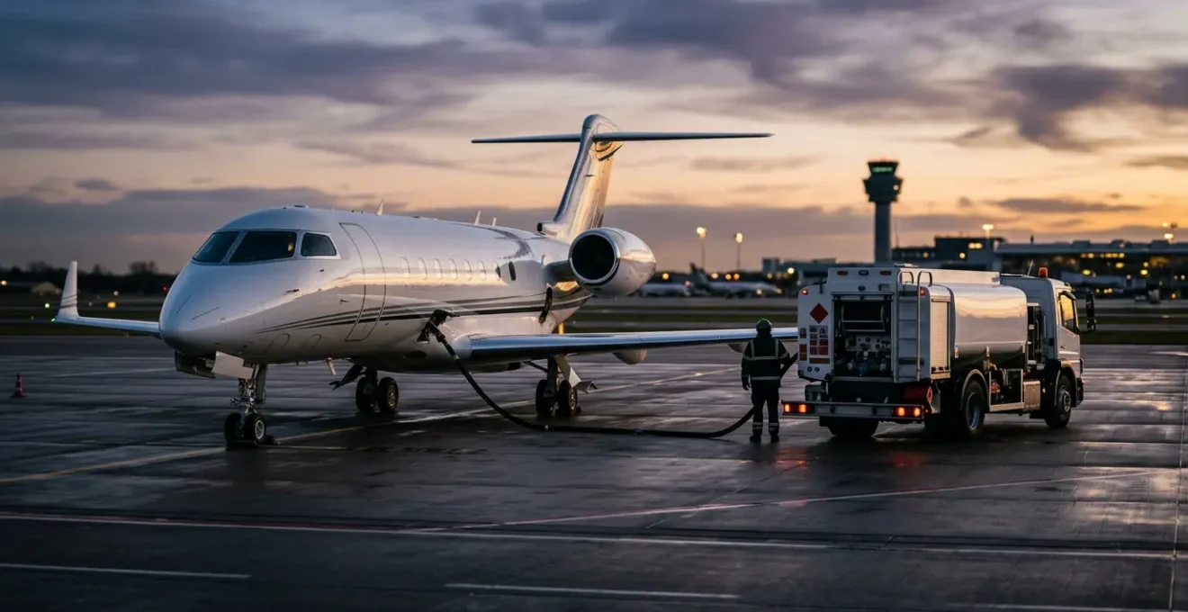 Avion d'affaires moderne en cours de ravitaillement avec un mélange de carburant durable sur une aire d'aéroport