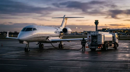 Avion d'affaires moderne en cours de ravitaillement avec un mélange de carburant durable sur une aire d'aéroport