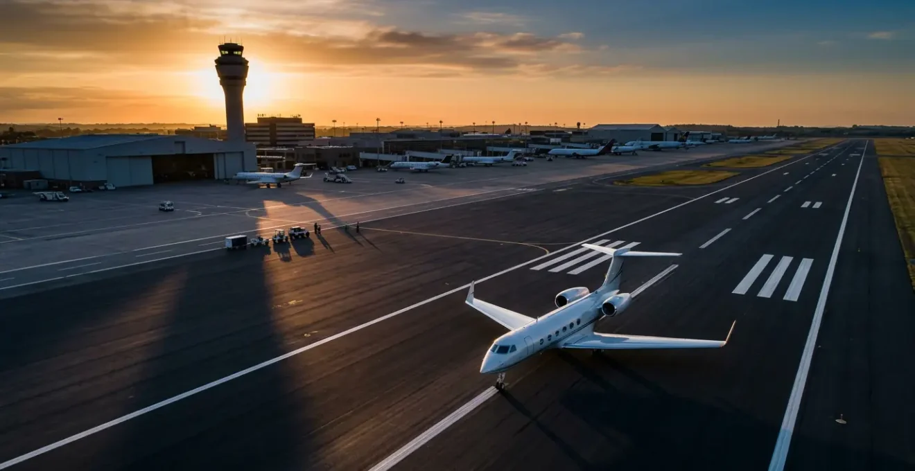 Jet d'affaires sur le tarmac d'un aéroport européen au lever du soleil avec tour de contrôle en arrière-plan