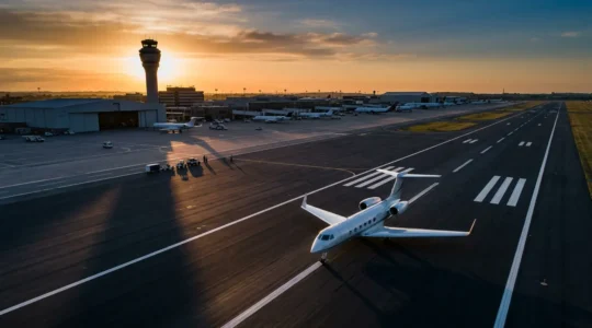 Jet d'affaires sur le tarmac d'un aéroport européen au lever du soleil avec tour de contrôle en arrière-plan