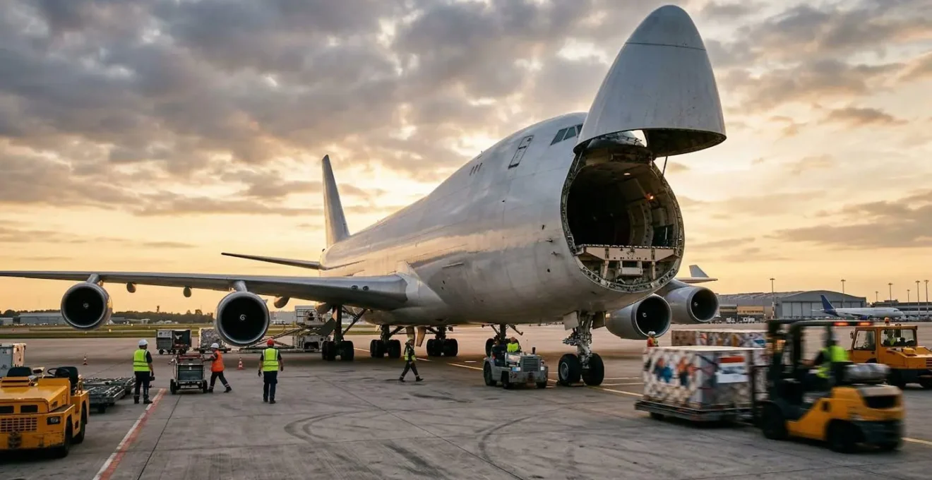 Avion cargo en cours de chargement sur un tarmac d'aéroport au crépuscule avec activité logistique intense