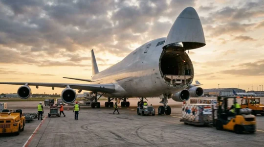 Avion cargo en cours de chargement sur un tarmac d'aéroport au crépuscule avec activité logistique intense