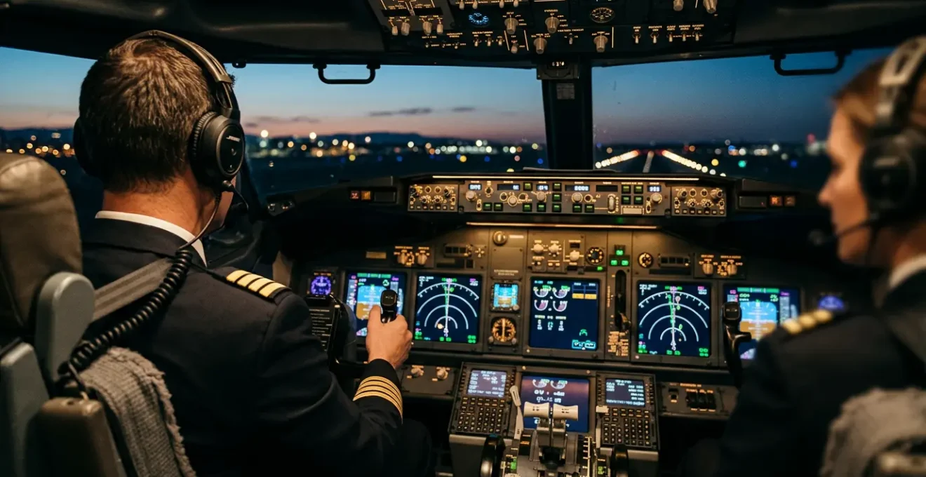 Poste de pilotage d'un avion commercial avec documentation de certification en arrière-plan flou