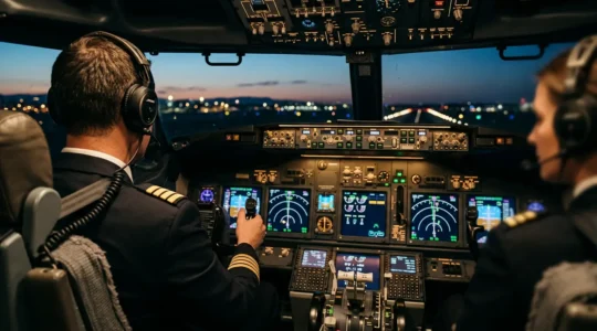 Poste de pilotage d'un avion commercial avec documentation de certification en arrière-plan flou