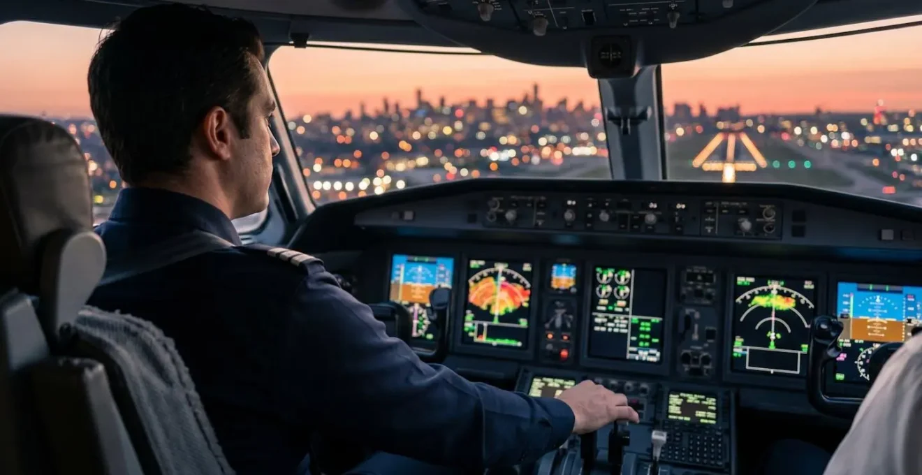 Jet d'affaires moderne en approche d'un aéroport urbain avec la ville en arrière-plan