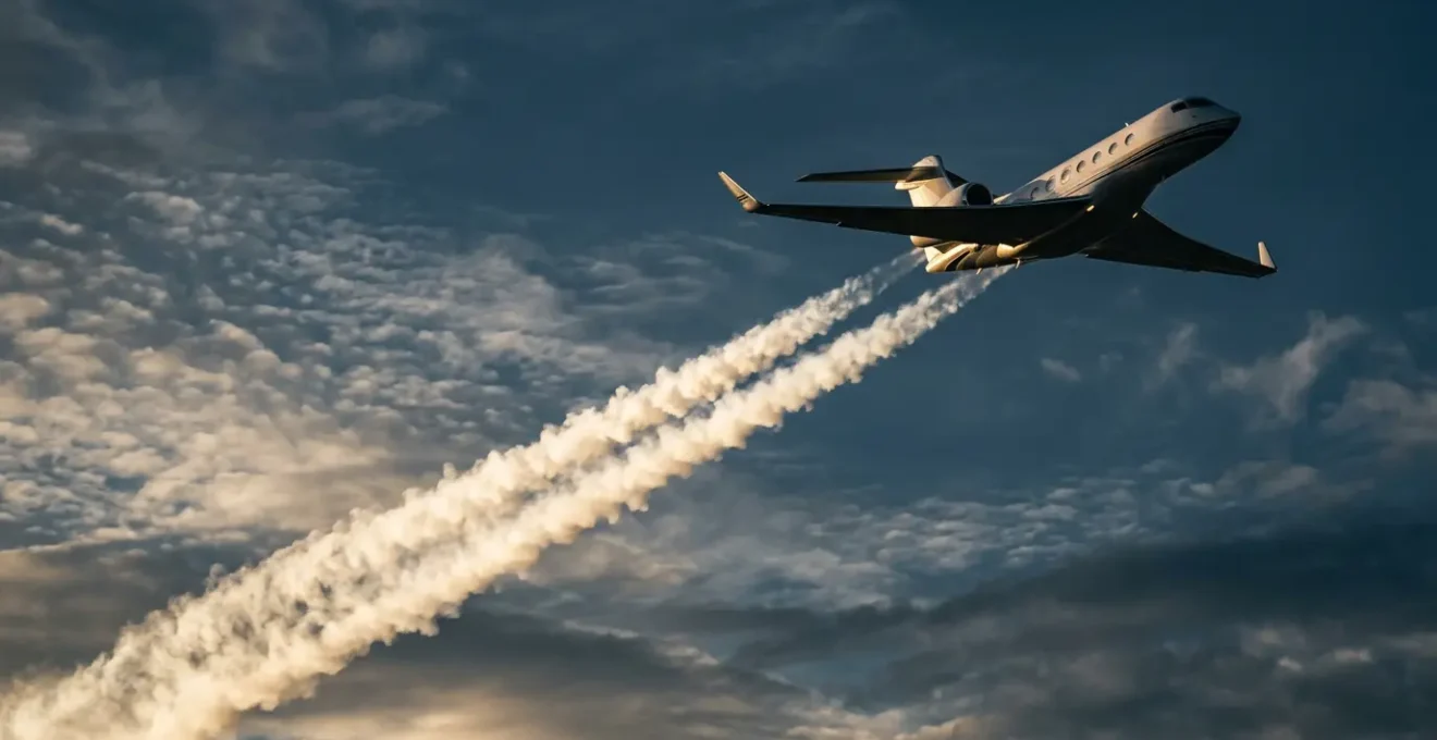 Vue latérale d'un avion d'affaires en vol avec traînée de condensation, ciel bleu et nuages en arrière-plan
