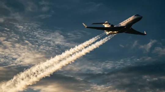 Vue latérale d'un avion d'affaires en vol avec traînée de condensation, ciel bleu et nuages en arrière-plan