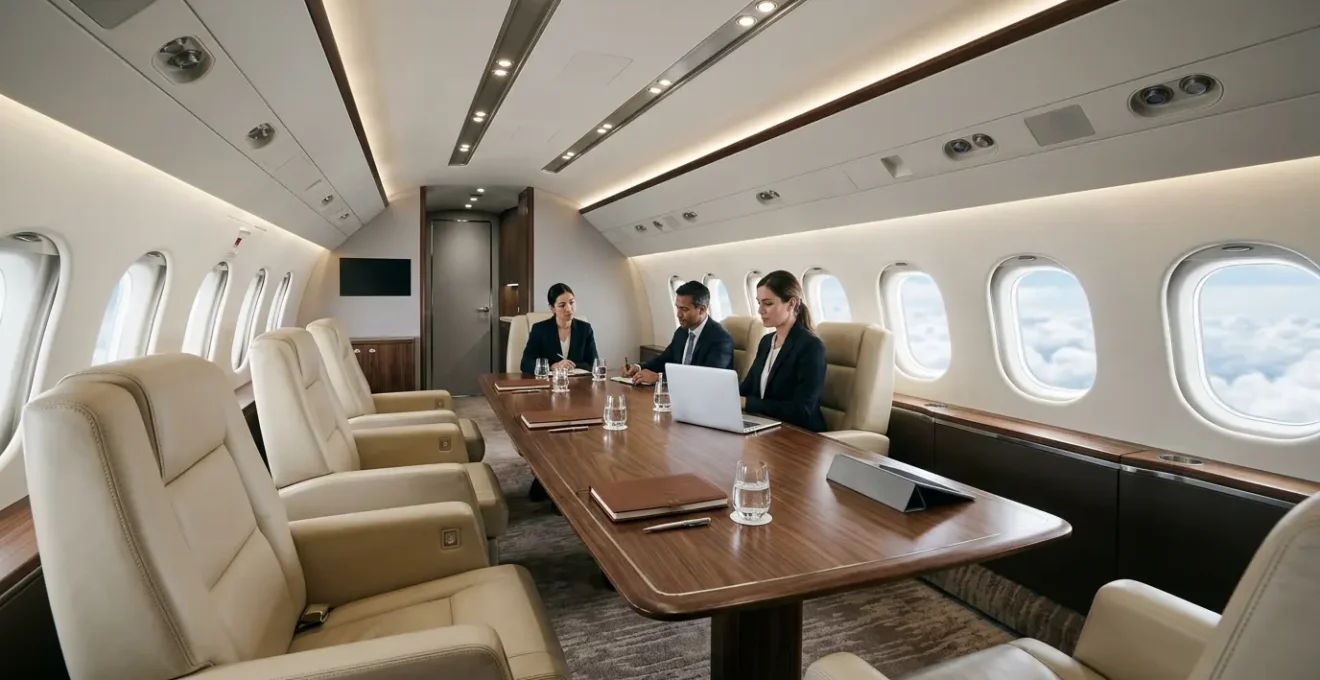 Cabine luxueuse d'un jet privé aménagée comme bureau exécutif avec sièges en cuir et équipements technologiques