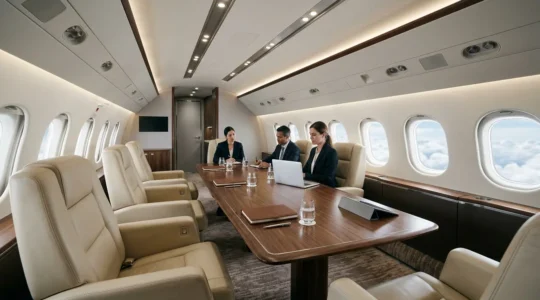 Cabine luxueuse d'un jet privé aménagée comme bureau exécutif avec sièges en cuir et équipements technologiques
