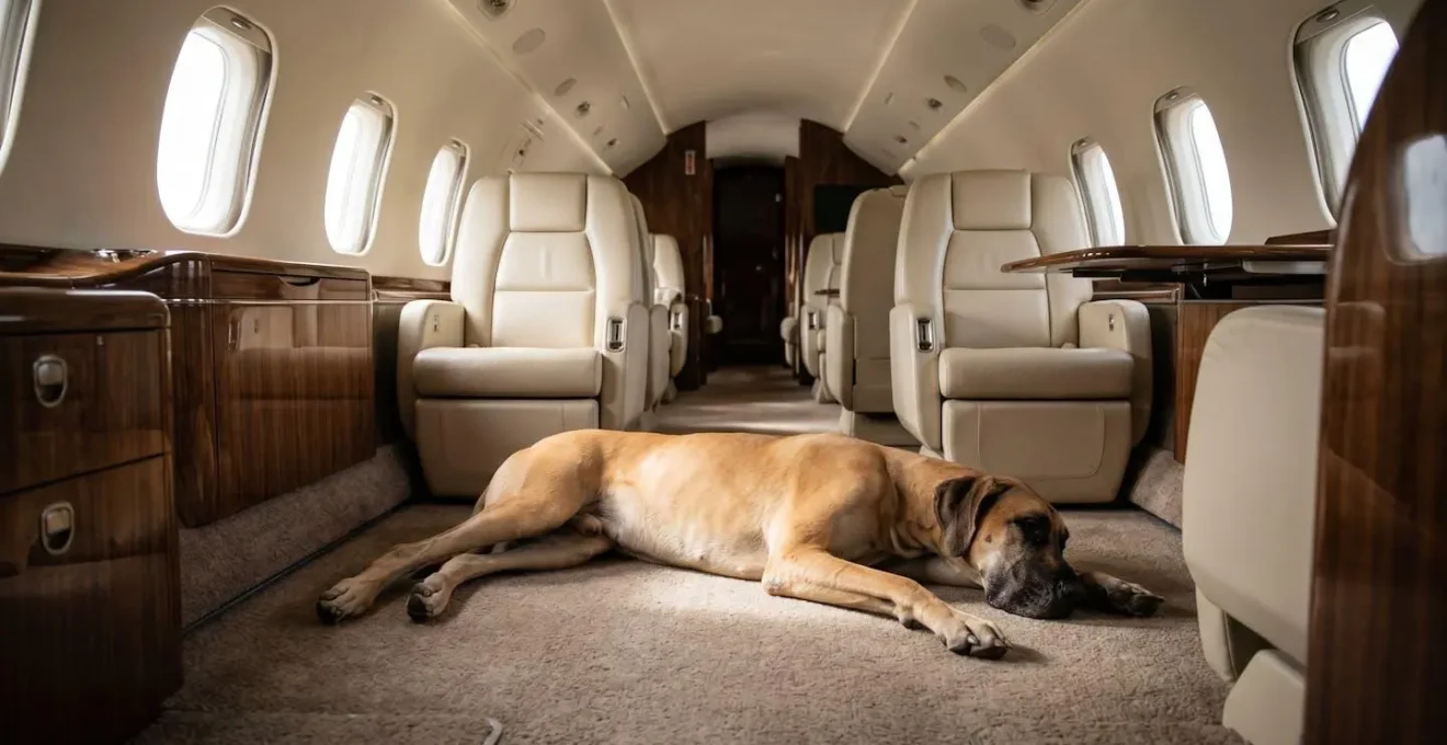 Vue intérieure d'une cabine de jet privé spacieuse avec un Grand Danois allongé confortablement sur le sol