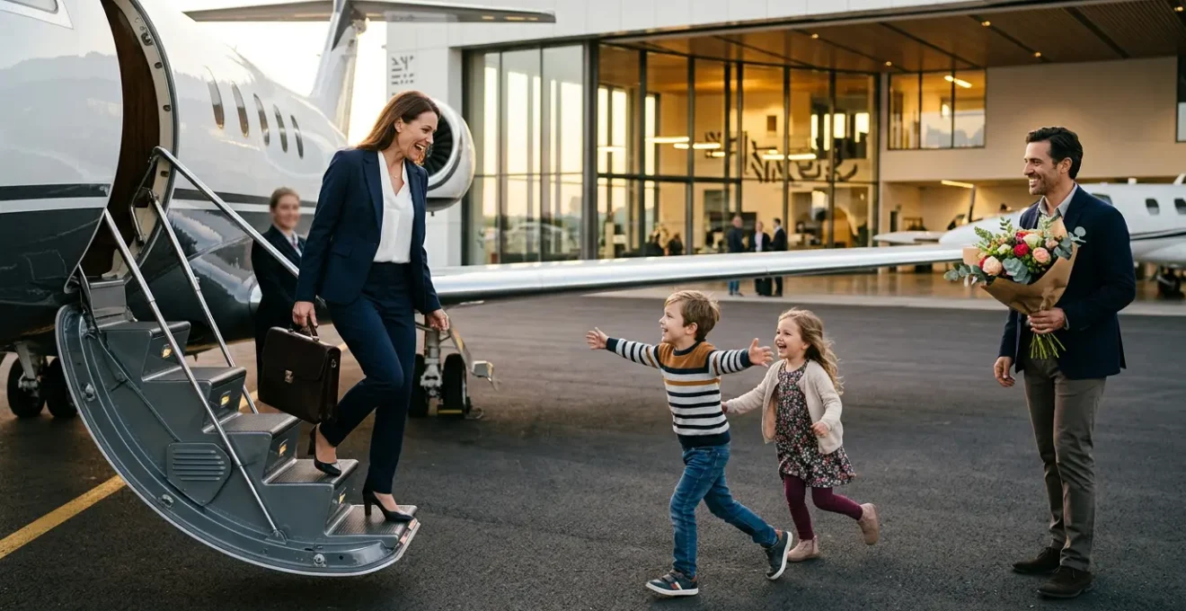 Un cadre dirigeant descendant d'un jet privé avec sa valise, accueilli par sa famille dans un terminal privé lumineux
