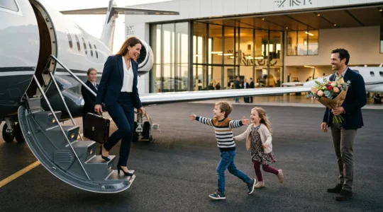 Un cadre dirigeant descendant d'un jet privé avec sa valise, accueilli par sa famille dans un terminal privé lumineux