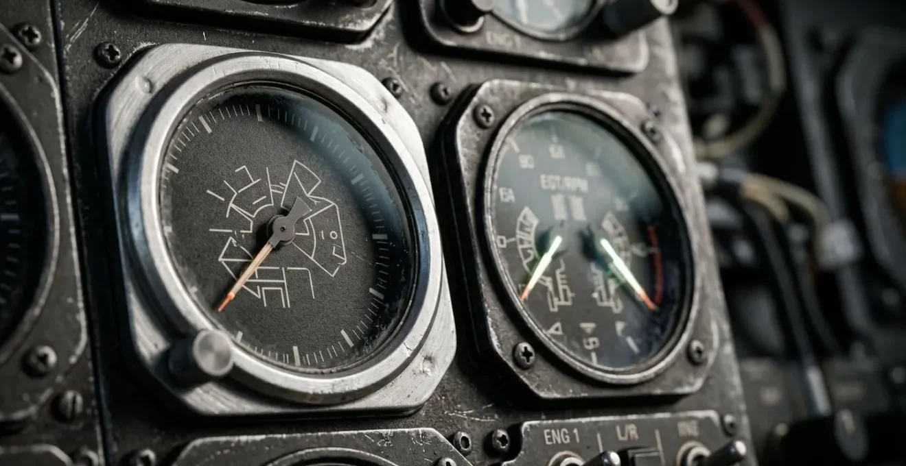 Gros plan sur tableau de bord d'avion d'affaires avec instruments de vol et horizon artificiel