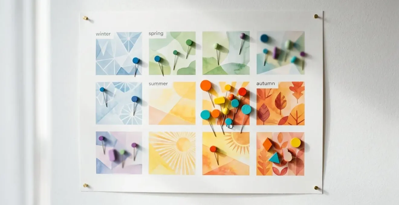 Calendrier mural montrant différentes destinations avec des épingles colorées symbolisant la variation des prix selon les saisons.