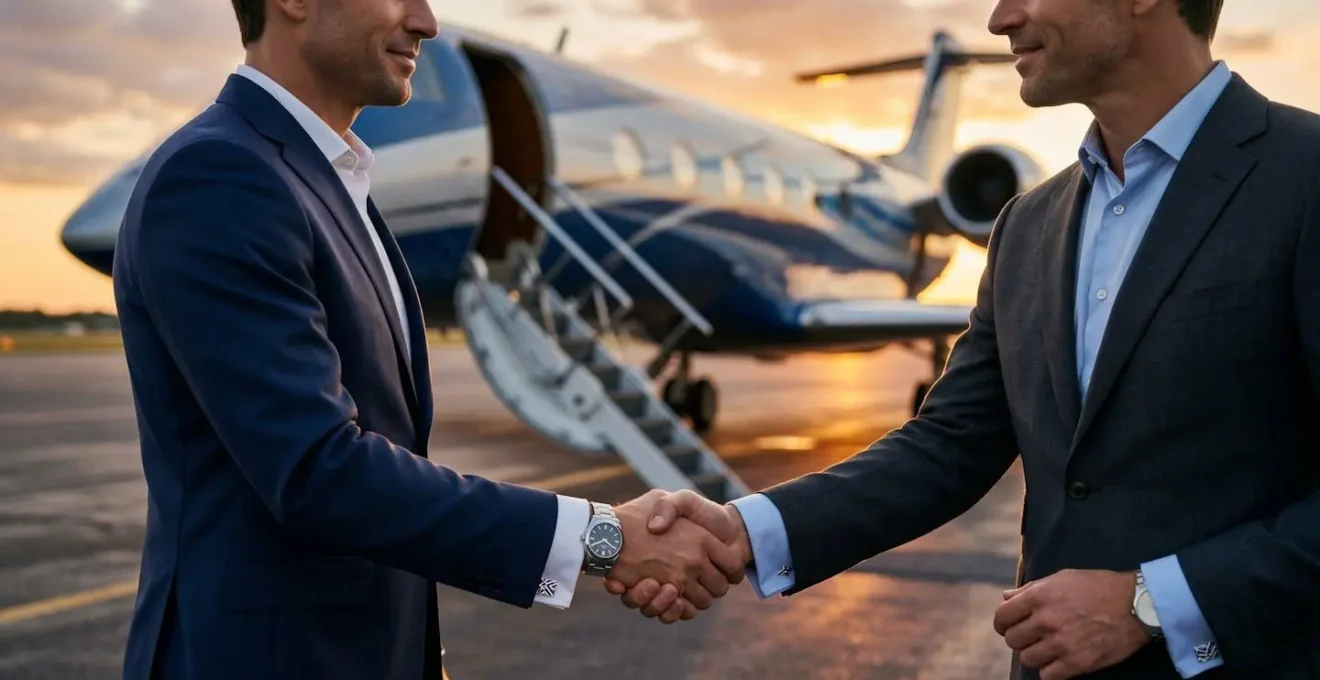 Poignée de main chaleureuse entre un CEO et un candidat devant un jet privé au coucher du soleil