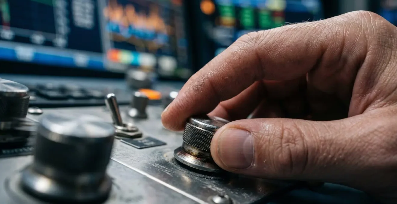Gros plan macro sur les mains d'un opérateur manipulant des instruments de navigation aérienne avec écrans flous en arrière-plan