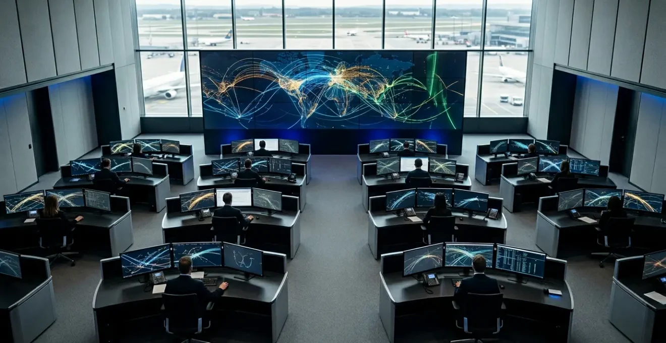 Salle de contrôle des opérations aériennes avec moniteurs multiples affichant des trajectoires de vol et cartes météorologiques