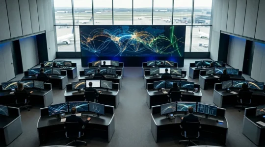 Salle de contrôle des opérations aériennes avec moniteurs multiples affichant des trajectoires de vol et cartes météorologiques