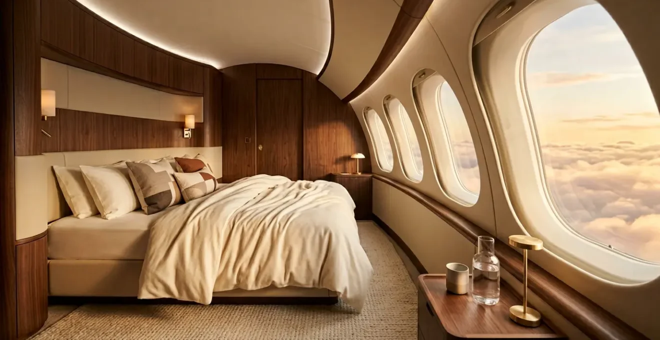Intérieur d'une suite de luxe dans un jet privé avec un lit confortable et une vue panoramique sur les nuages